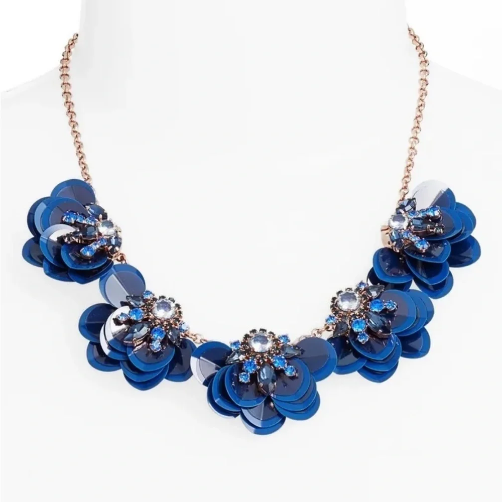 Kate Spade New York Blue Snowy Nights Sequined Flower AB Statement Rose Necklace